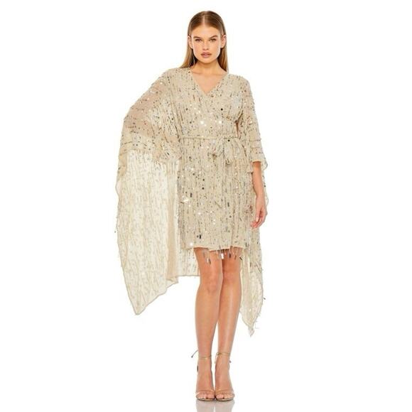 Mac Duggal NWT Cape Sleeves Back Fringe Beaded Robe Faux Wrap Dress in Nude Sz L